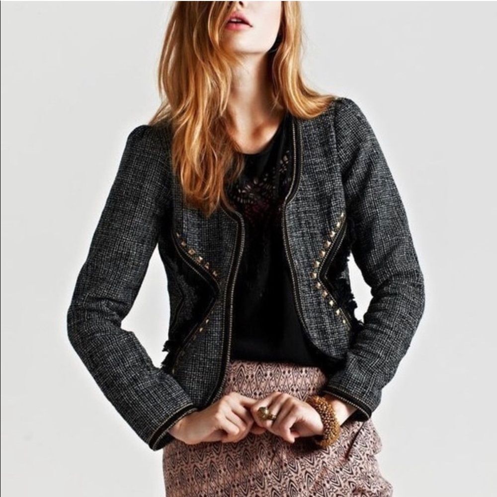 Maison Scotch Studded Frayed Bohemian Tweed Blazer - small - Picture 2 of 14